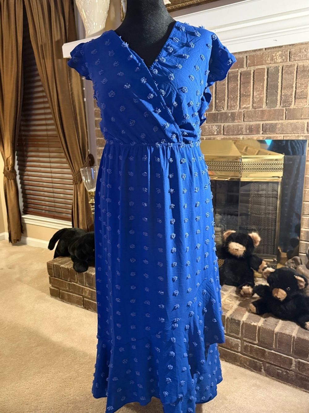 Blue Textured V-Neck Midi Dress - Women